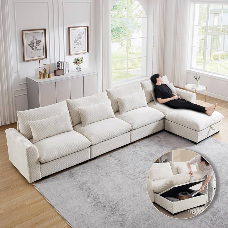 Sectional Sofa Beige Corduroy Modular L-Shaped with Movable Ottoman