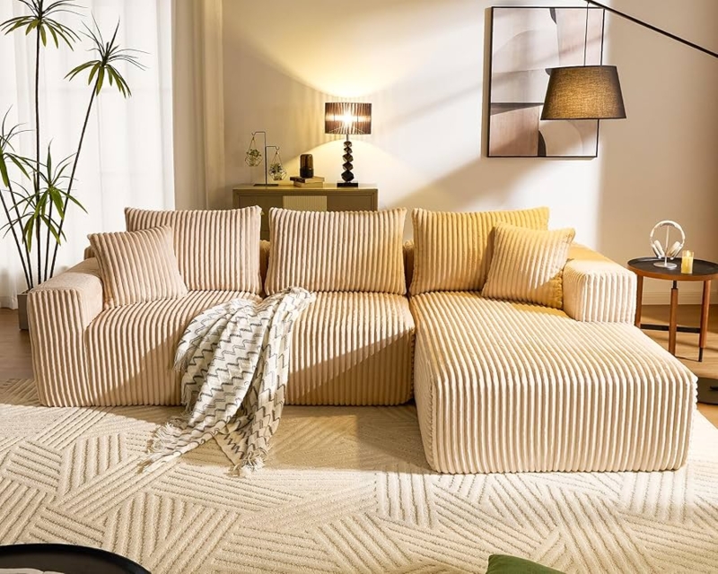 Sectional Sofa Beige Corduroy Plush Cushions Modular Deep Seat