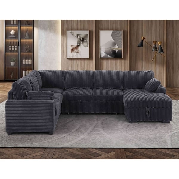 Sectional Sofa Beige Corduroy Wide Wale Ribbing Low Profile Tactile