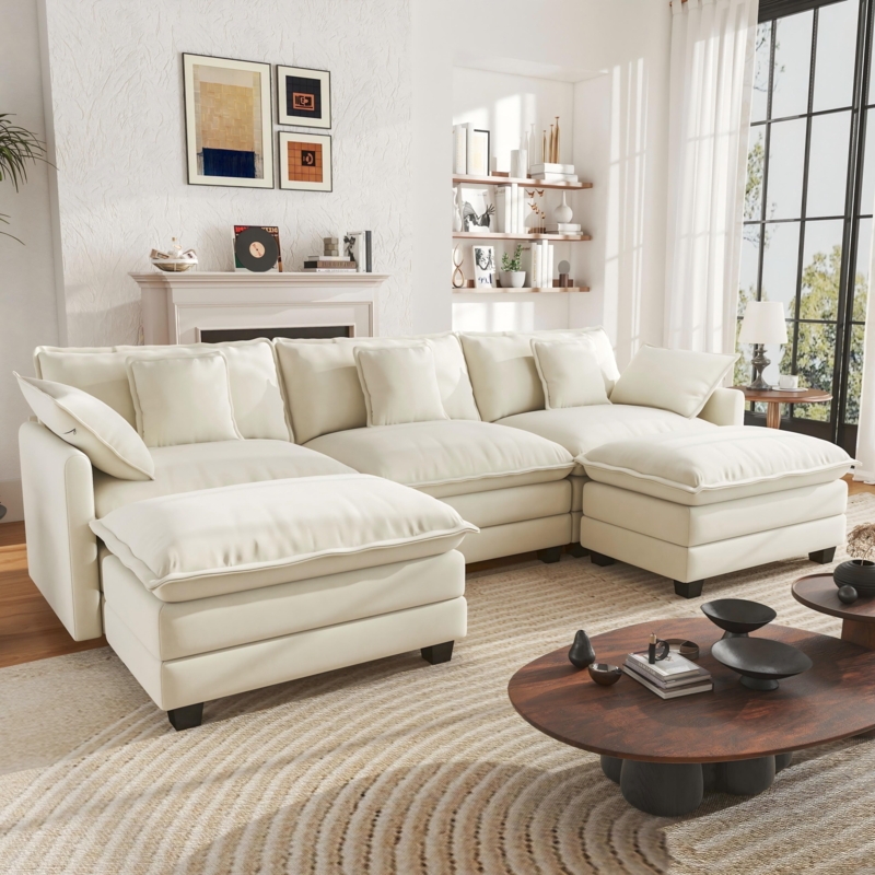 Sectional Sofa Beige Fabric Cloud Couch U-Shaped Linen Look