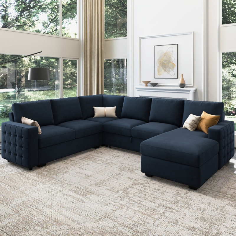 Sectional Sofa Beige Fabric Pull Out Sleeper Dual Chaises Modern