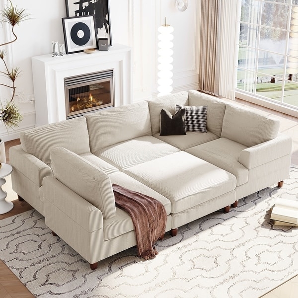 Sectional Sofa: Beige L-Shaped, Tufted Seat Cushions, Tapered Legs