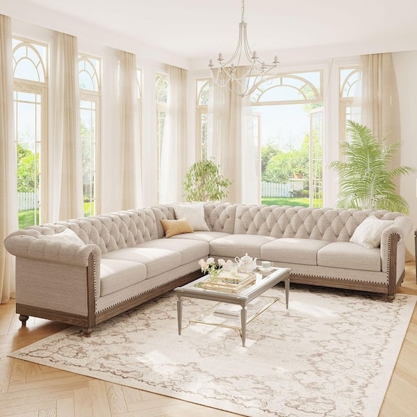 Sectional Sofa Beige Leather-Like Tapered Wooden Legs Mid-Century Modern