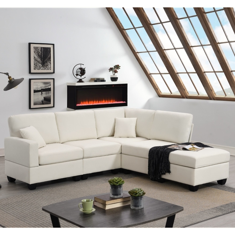 Sectional Sofa Beige Linen-Look Fabric Convertible Modular Ottoman Airy