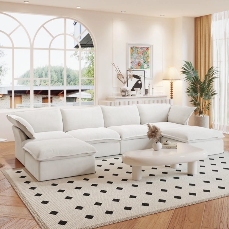 Sectional Sofa Beige Linen Modular Deep Seating Cloud Like Cushions