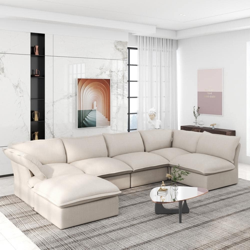 Sectional Sofa Beige Linen U Shaped Flared Arms Overstuffed Cushions