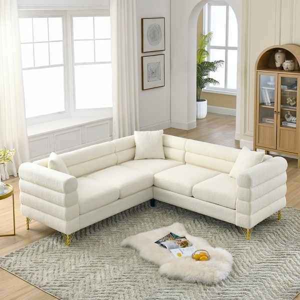 Sectional Sofa Beige Mid-Century Thin Black Metal Legs