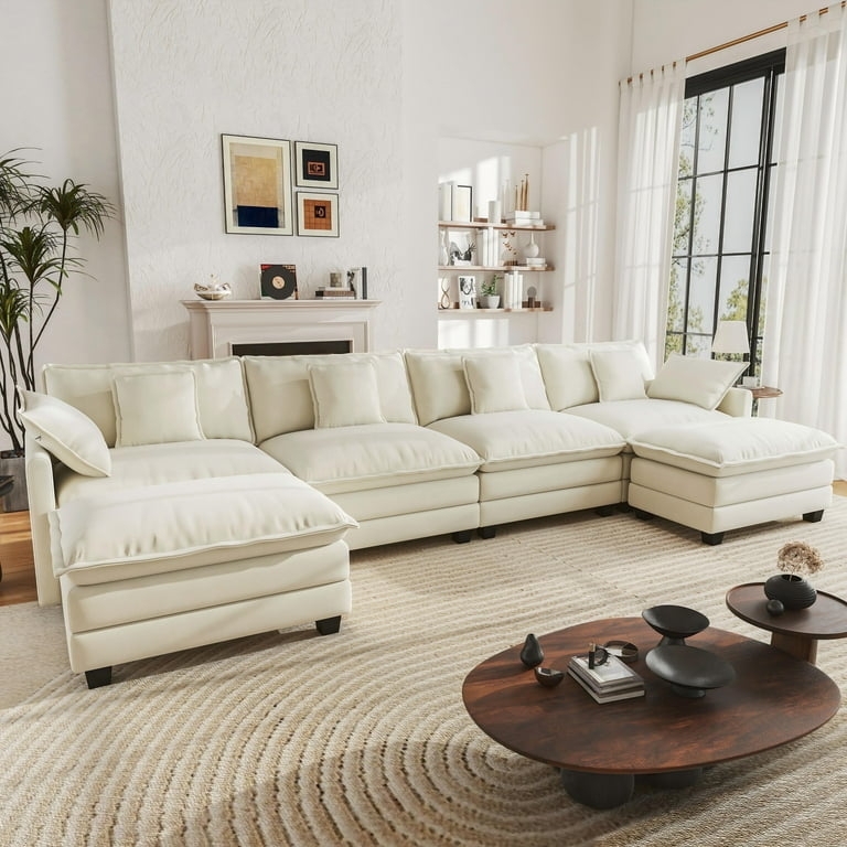 Sectional Sofa Beige Ribbed Corduroy Modular Deep Seating Ottomans