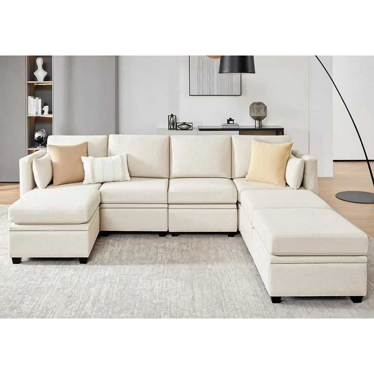 Sectional Sofa: Beige Symmetrical U-Shape, 7-Seat Capacity Layout