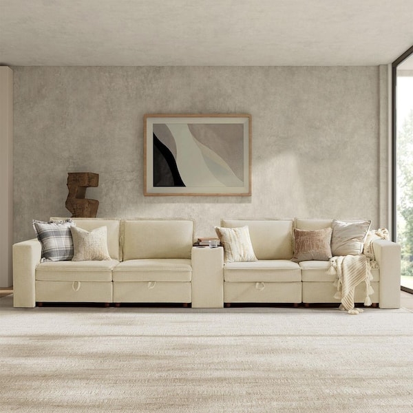 Sectional Sofa Beige U-Shaped 144 Inch with Square Arms
