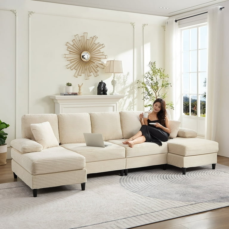 Sectional Sofa: Beige U-Shaped Design, Double Chaise, Boxy Silhouette