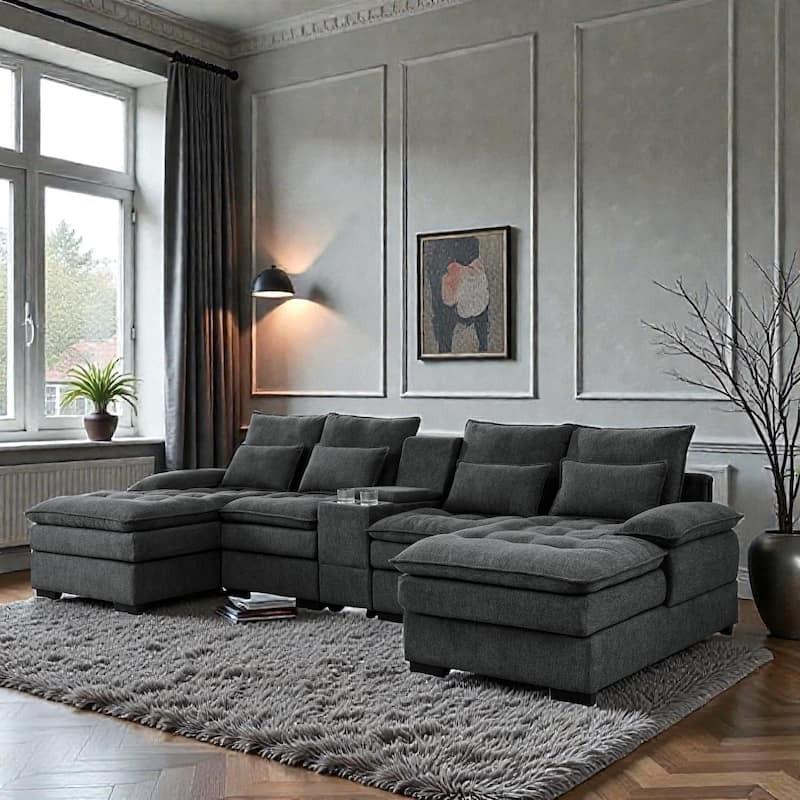 Sectional Sofa Beige U-Shaped Dual Chaise Lounge Console