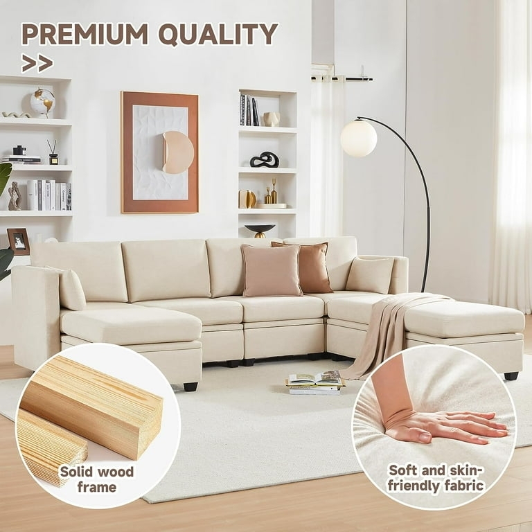 Sectional Sofa: Beige U-Shaped Low Profile Design, Multi-Piece Set