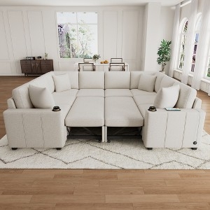 Sectional Sofa Beige U-Shaped with Chaise Ends and Cup Holders