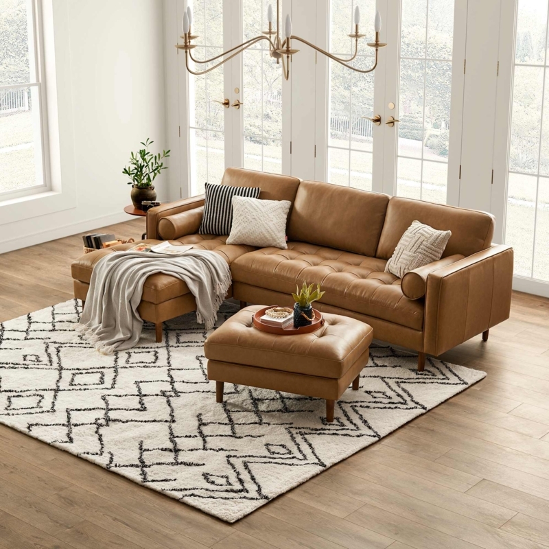 Sectional Sofa Biscuit Tufted Caramel Leather Mid Century Chaise