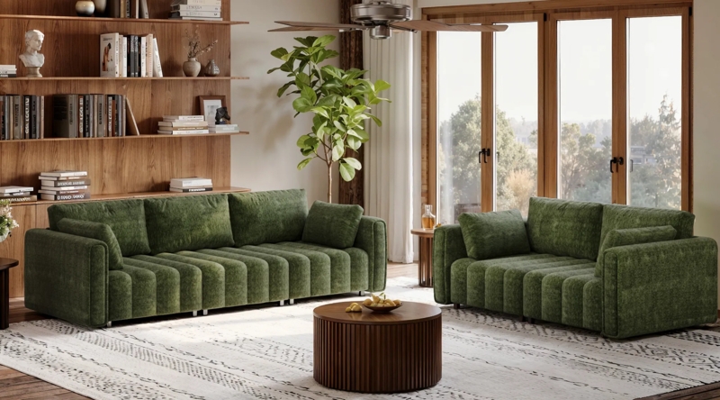 Sectional Sofa, Biscuit Tufting, Forest Green, Low Profile Retro Style