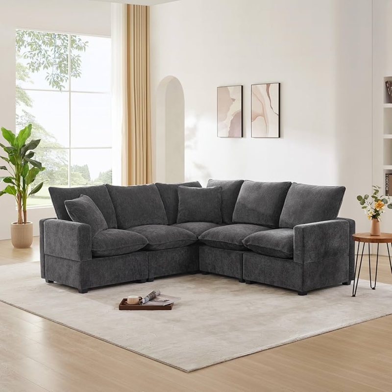 Sectional Sofa: Black Button Tufting with Cylindrical Wood Legs