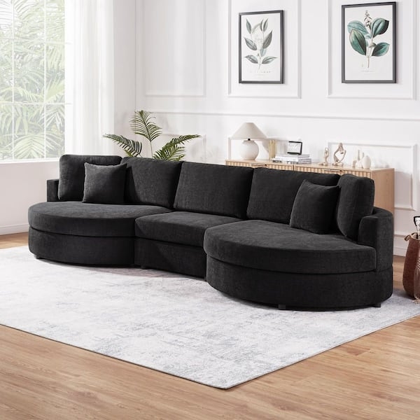 Sectional Sofa Black Chenille Curved Armrest Large Scale Layout