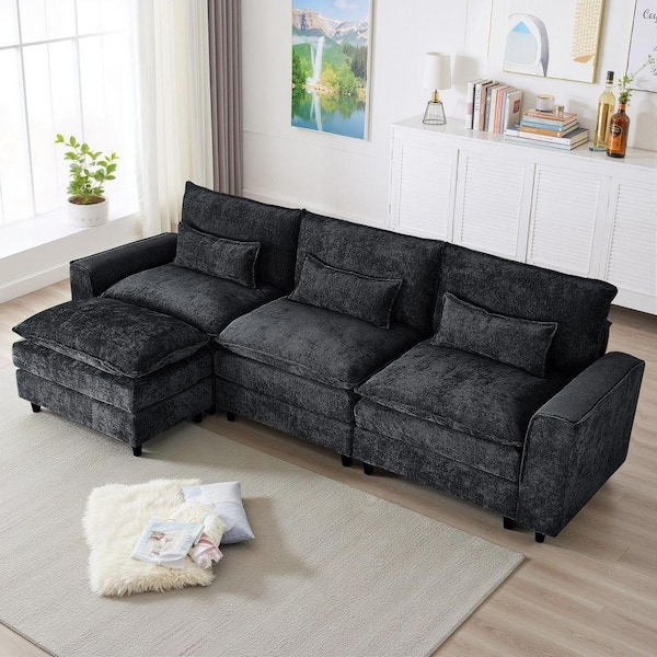 Sectional Sofa Black Chenille Square Arms Sophisticated Upholstery