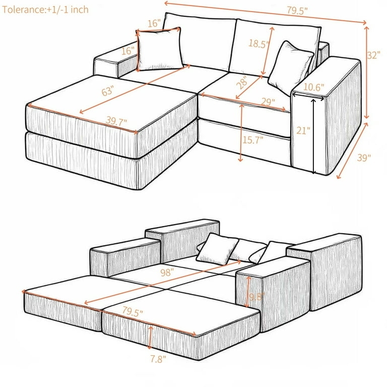 Sectional Sofa Black Corduroy Modular Minimalist Deep Seat Sofa