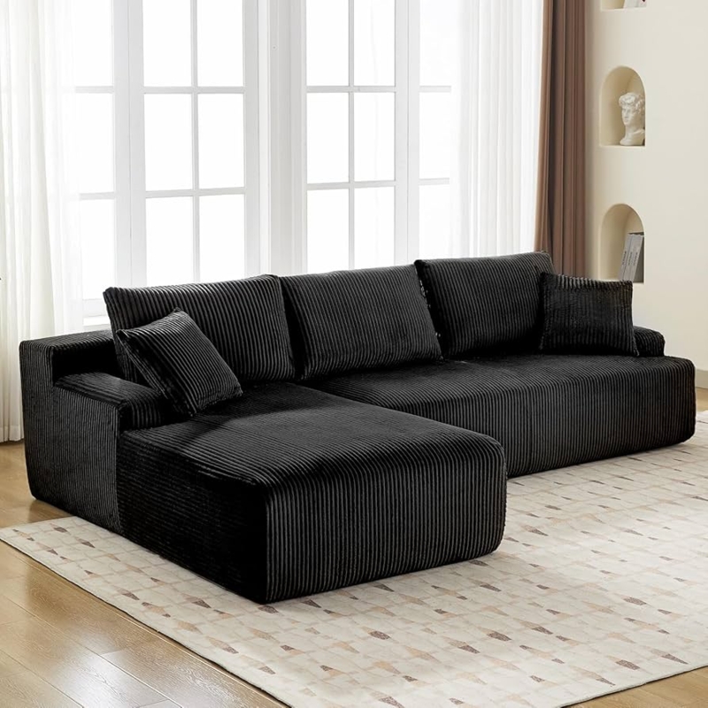 Sectional Sofa: Black Corduroy Modular Sectional, L-Shaped Chaise Low Profile
