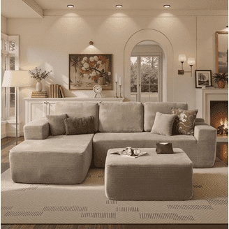 Sectional Sofa Black Corduroy U-Shaped Deep Seat Low Profile
