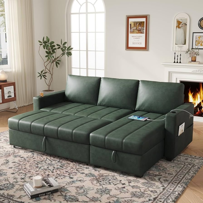 Sectional Sofa Black Faux Leather Integrated Cupholders and Storage