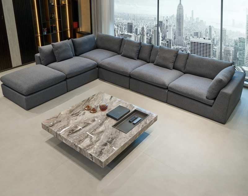 Sectional Sofa Black Linen-like Modular Deep Seat Design