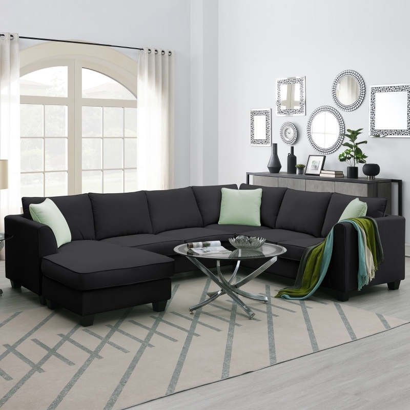 Sectional Sofa Black Modular Configuration Low Profile Base Ottoman