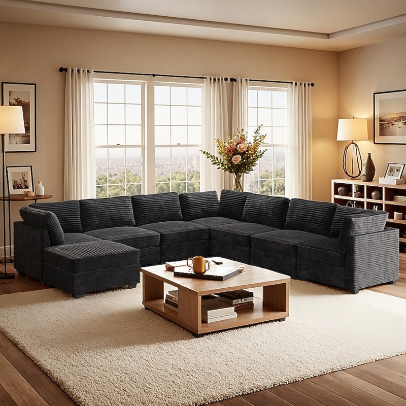 Sectional Sofa Black Oversized U-Shaped with Track Arms