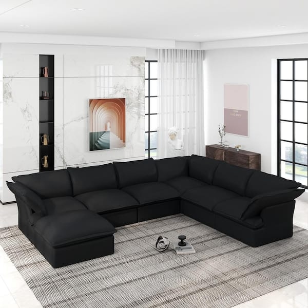 Sectional Sofa Black Overstuffed Cushions Flared Arms