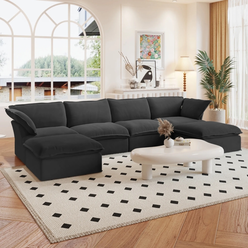 Sectional Sofa: Black Plush Modular Cushions, Overstuffed Cloud Silhouette