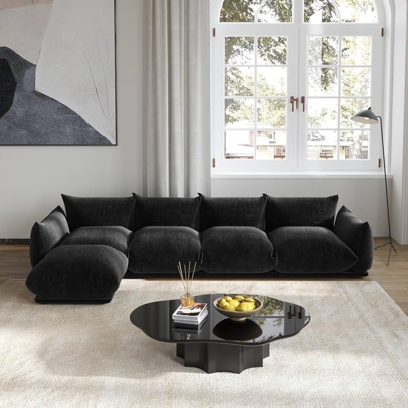 Sectional Sofa, Black Ribbed Chenille, Reversible Chaise L-Shape