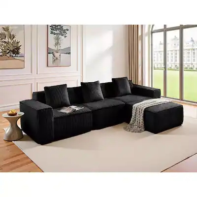 Sectional Sofa Black Ribbed Texture Floor Seating Modular Low Profile
