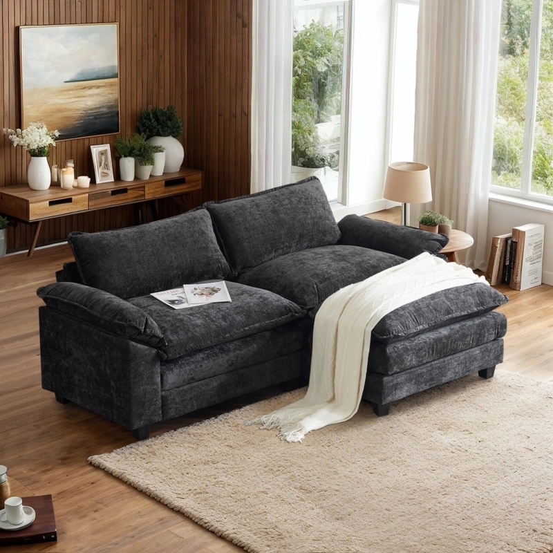 Sectional Sofa Black Textured Chenille Gold Metal Legs Glam Style