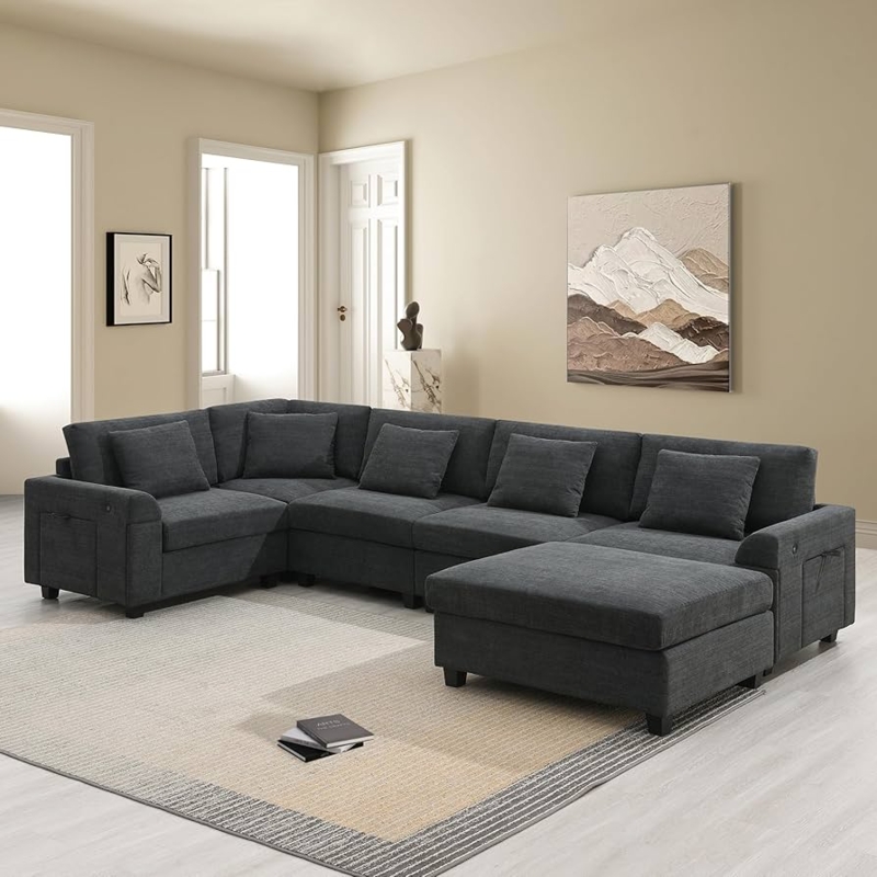 Sectional Sofa Black U-Shaped with Armrest Storage and USB Ports