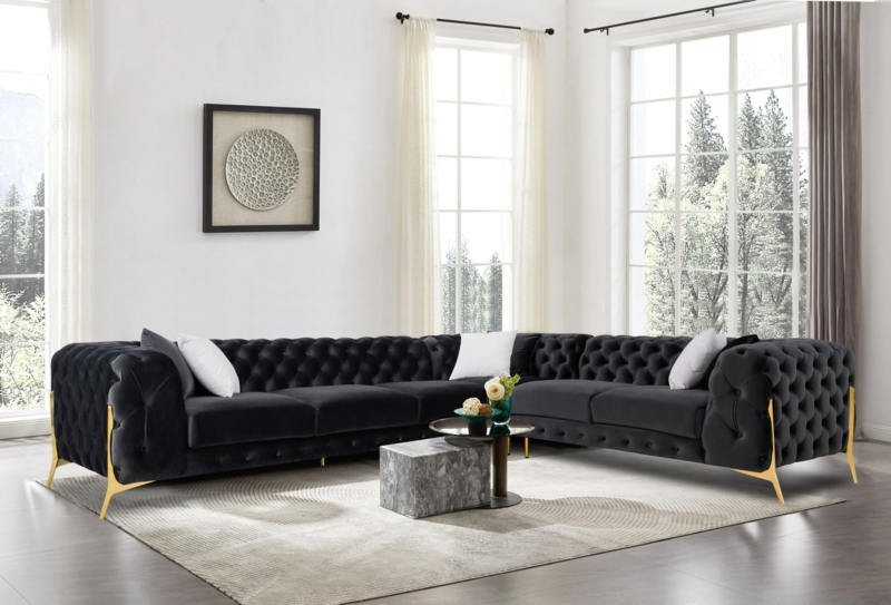 Sectional Sofa Black Velvet Low Profile Wide Track Arms Deep Seating