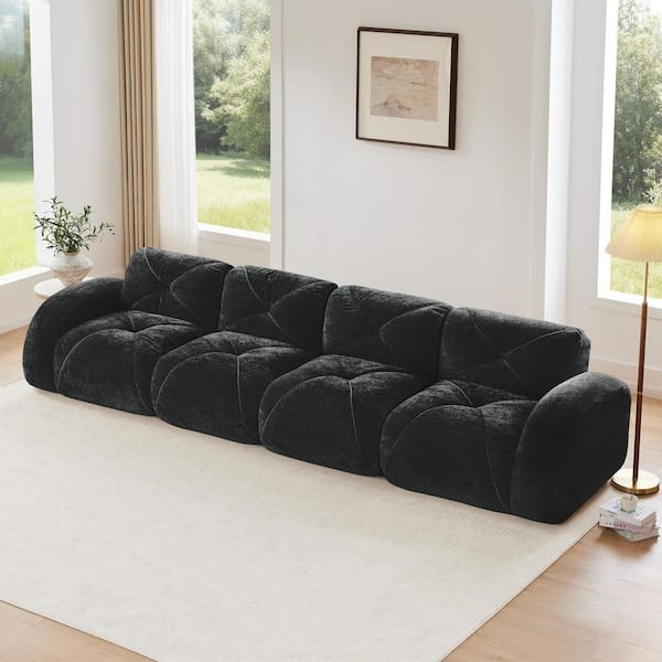 Sectional Sofa Black Velvet Modular Low Slung Boneless Construction