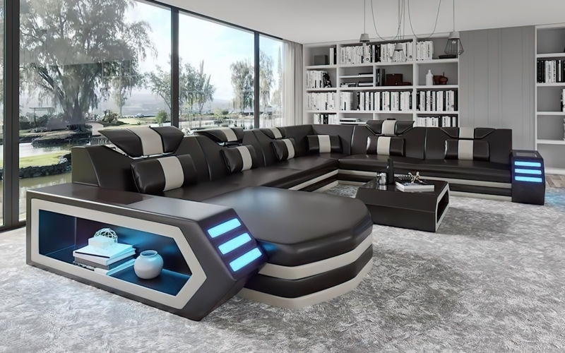 Sectional Sofa Black White Leather-like LED Lighting Curved Chaise