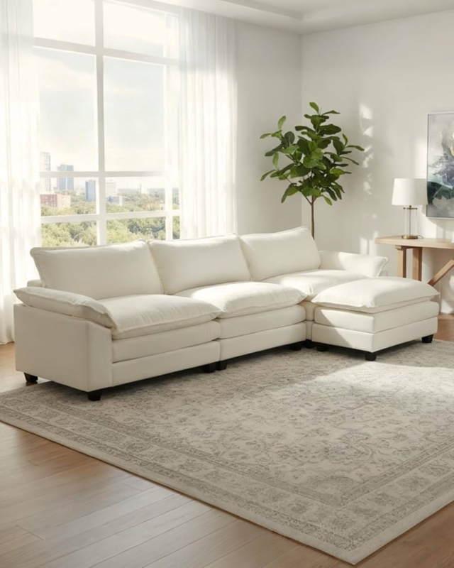 Sectional Sofa Blocky Silhouette Beige Modular with Square Ottoman