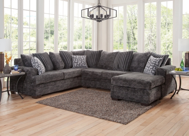 Sectional Sofa Blocky Silhouette Low Profile Deep Seating Charcoal Grey