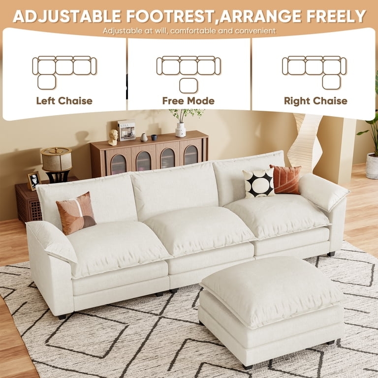 Sectional Sofa Blocky Silhouette Off-White Creamy Woven Fabric