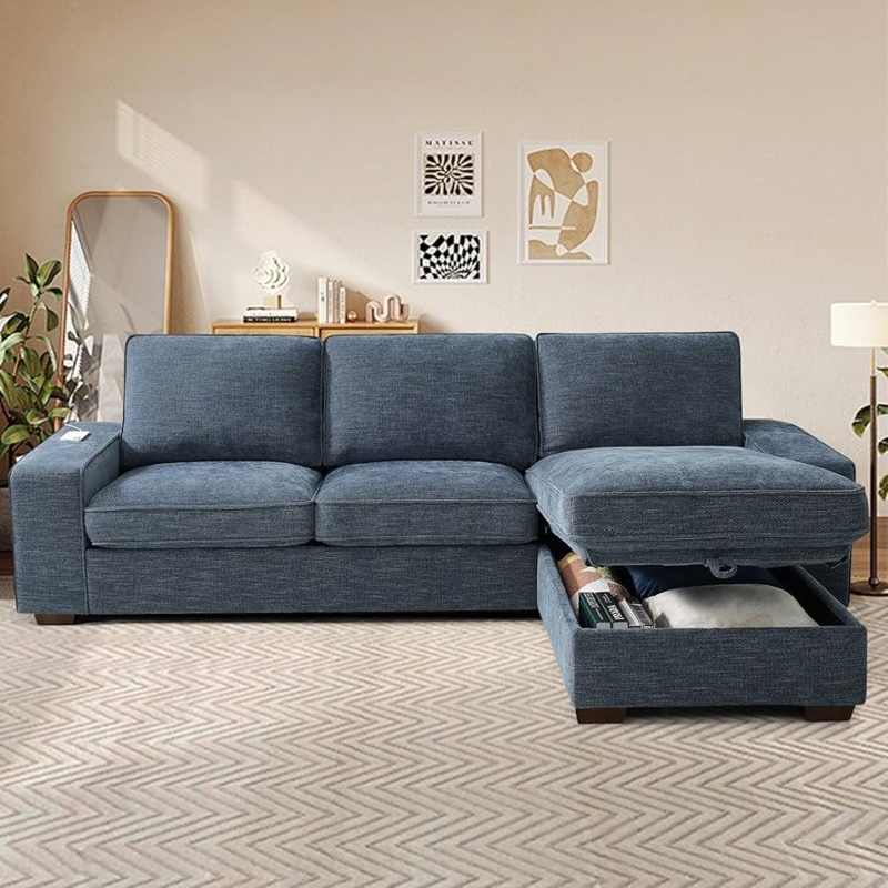 Sectional Sofa Blue Chenille L Shaped Track Arms Polished Gold