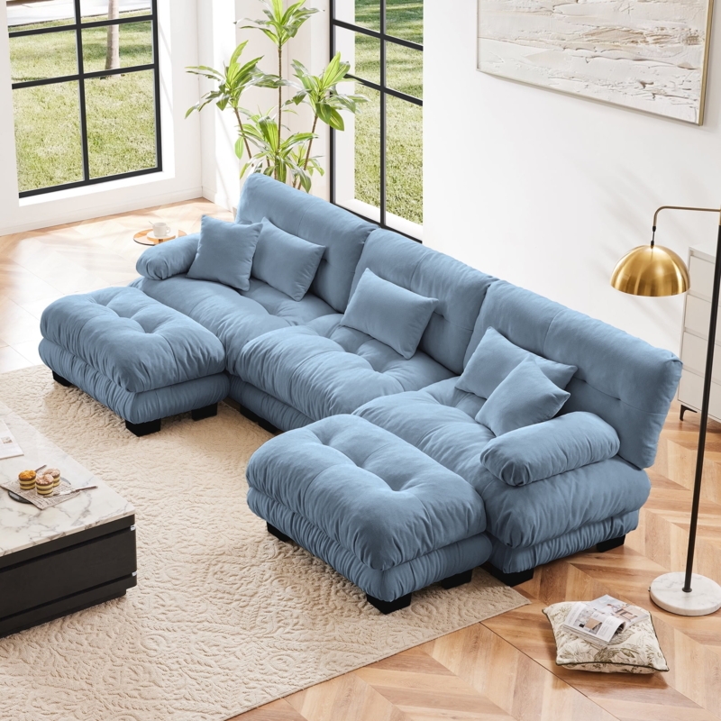 Sectional Sofa Blue Chenille U-Shaped Modular Layout Deep Seat