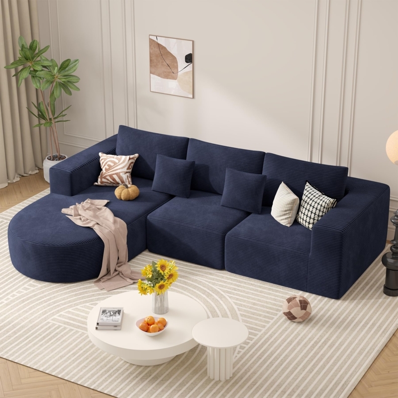 Sectional Sofa Blue Corduroy Floor Sitting Curved Chaise Modern