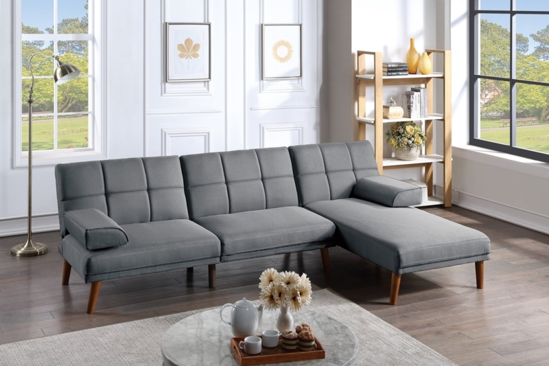 Sectional Sofa Blue Grey Polyfiber Button Tufted L-Shaped