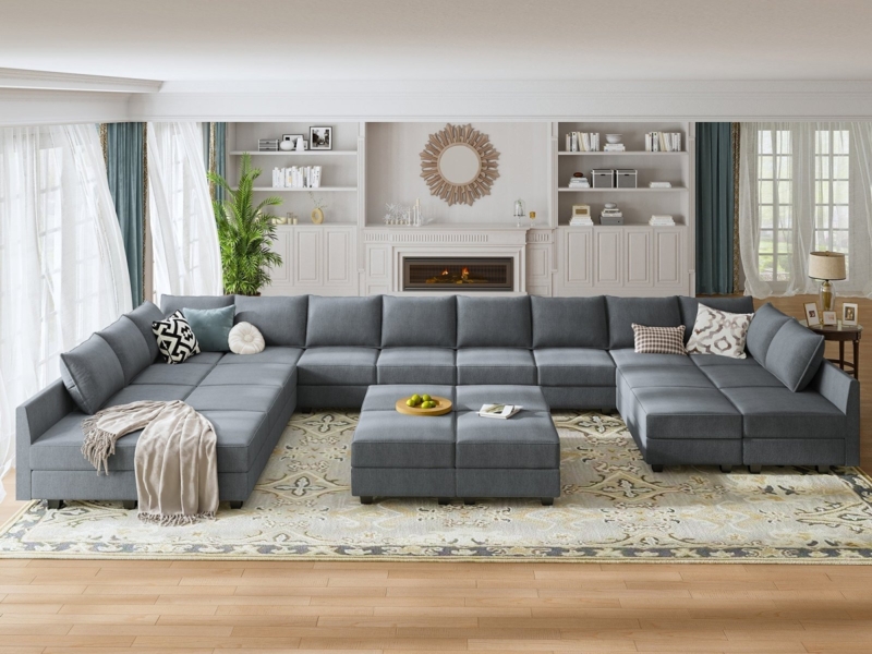 Sectional Sofa Bluish Grey Tufted Seats Modular Design Modern Style