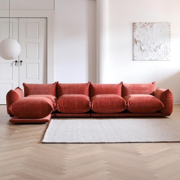 Sectional Sofa Bold Orange Chenille Floor Level "Bread Shape" Design