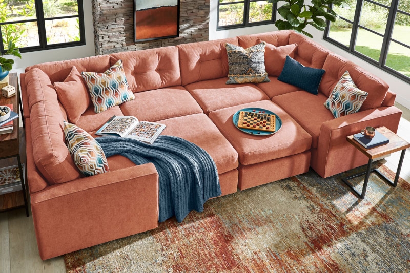 Sectional Sofa Bold Orange Low Profile Blocky Silhouette