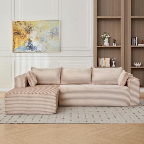 Sectional Sofa Boneless Low Profile Ribbed Corduroy Fabric Beige